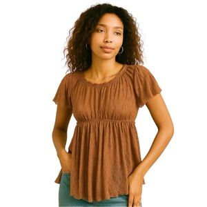Free People Brown Boho Crochet Knit Lace Short Sleeve Top